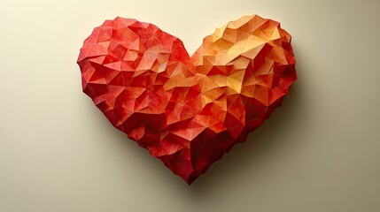 A vibrant, origami-style heart sculpture in shades of red and orange against a neutral background