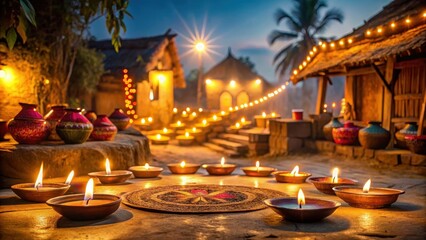Traditional Indian village setting with candles lit during Diwali festival, rural ambiance