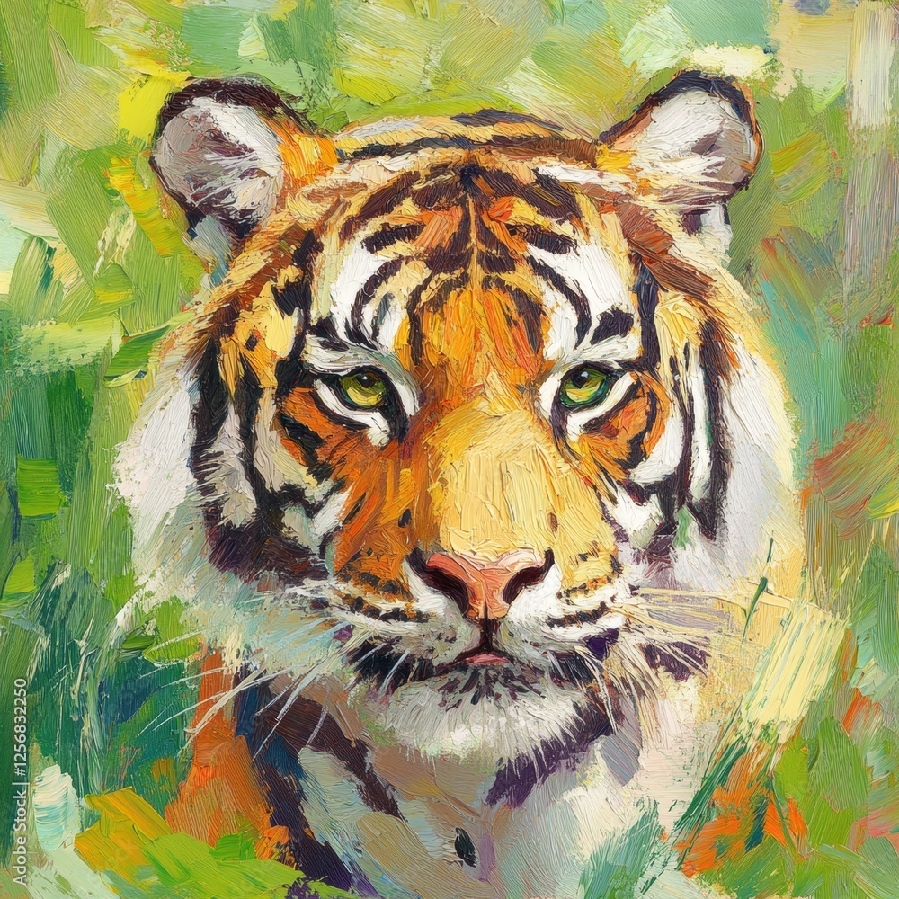 Aufkleber vibrant impressionist tiger portrait amidst a lush jungle background with space for text. generative