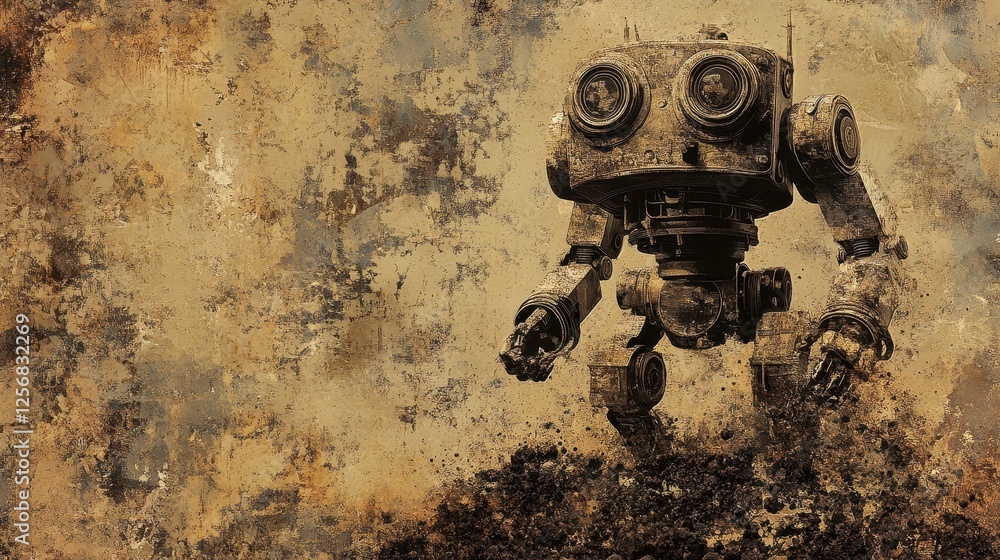 Poster a steampunk robot with rusty details stands against textured background