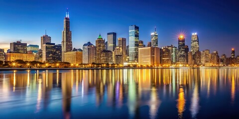 Fototapeta premium Chicago Downtown Skyline at Night with Lights Reflection , evening , America, evening , America, architecture