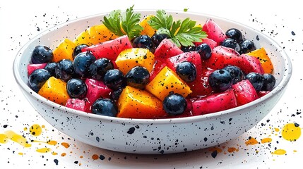 Vibrant fruit salad featuring assorted berries and tropical fruits in a decorative bowl