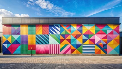 Colorful geometric shapes and bold typography on a large wall mockup for branding and mural, text, shape,  text