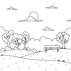 a wodden bench in the park city scene coloring book