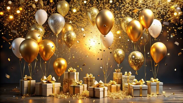 A burst of confetti and glittering gold balloons release into the air during a high-end birthday bash surrounded by expensive gifts and extravagant decorations, joyous, festive