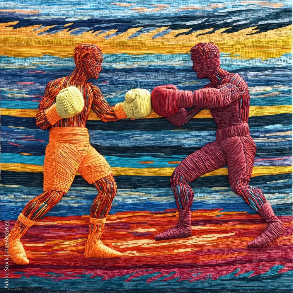Poster Two boxers in action rendered with colorful layered threads