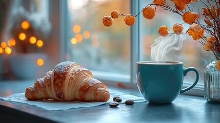 Cozy morning scene with a croissant and steaming coffee cup by a window with autumn foliage