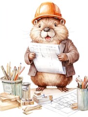 Cute Beaver Architect Blueprint Watercolor - Animal illustrations