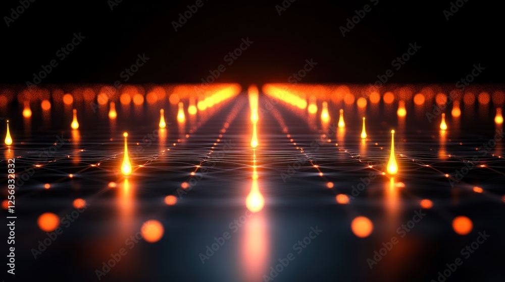 Poster abstract glowing lines and dots in a dark space environment