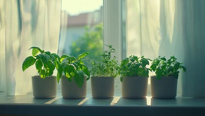 Sunlight Illuminates Vibrant Herbs Growing in Pots on Windowsill, Bringing Indoor Greenery to Life