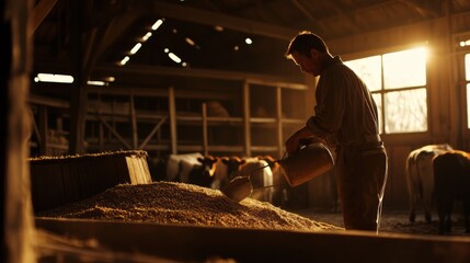 Dedicated Farmer Feeding Cows in a Rustic Barn at Golden Hour
