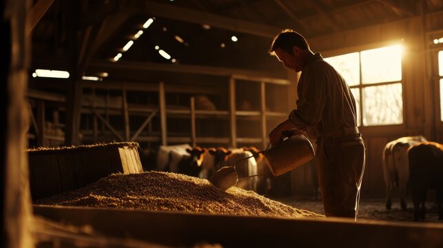 Dedicated Farmer Feeding Cows in a Rustic Barn at Golden Hour - Powered by Adobe