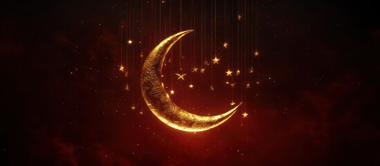 Golden crescent moon, stars, dark red background, holiday greeting