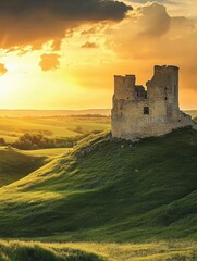 Medieval castle atop a lush hill during a stunning sunset with vibrant colors illuminating the sky. Generative AI