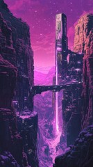 Futuristic city nestled within a vibrant purple canyon landscape