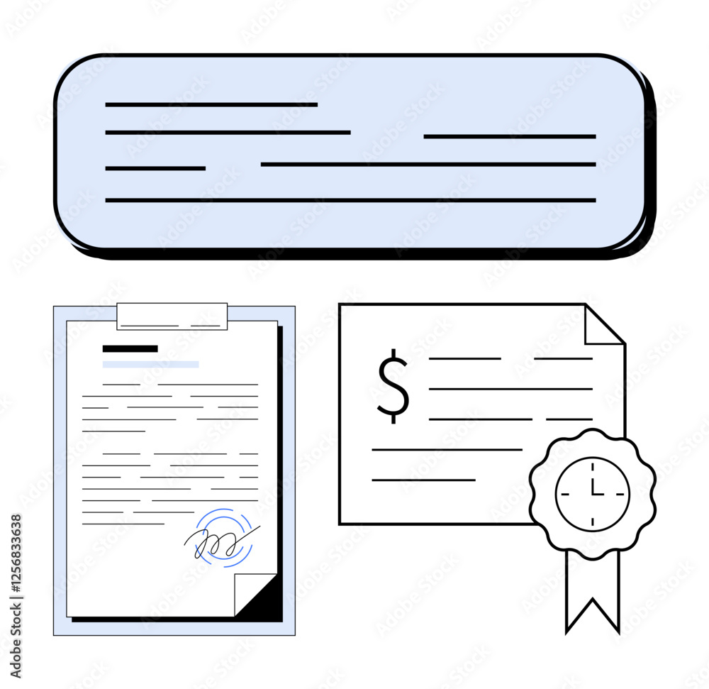 Poster contract with signature on clipboard, financial transaction certificate with clock symbol, blue text