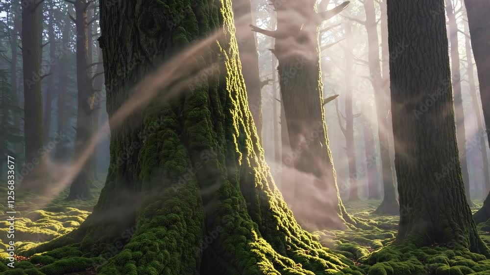 Poster moss-covered forest with towering trees and sunlight filtering through mist, enchanting nature lands