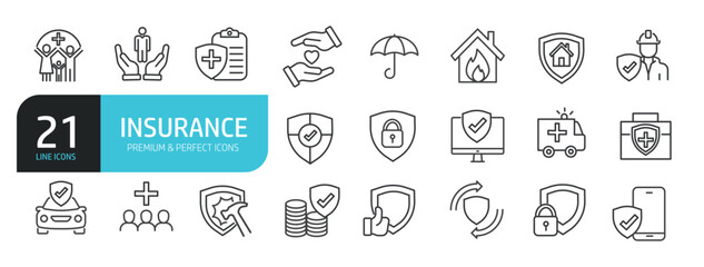 Set of line icons related to insurance, protection, safety, healthcare. Outline icons collection. Editable stroke. Vector illustration.