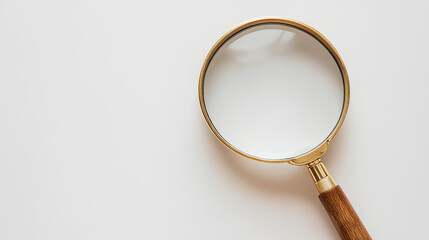 Gold-framed magnifying glass with wooden handle on white background