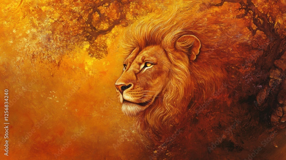Poster regal lion portrait with a glowing golden mane in warm sunset light, perfect for adding personalized