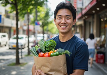 Smiling man holding fresh vegetables in a paper bag outdoors