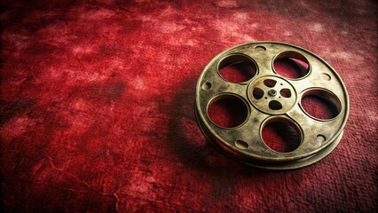 Dusty film reel sitting alone on a crimson red velvet background with subtle hints of aged texture and worn edges, evoking nostalgia for a bygone era of cinema , dusty, retro