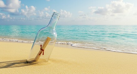 Message in a bottle on sandy beach with ocean waves and clear blue sky