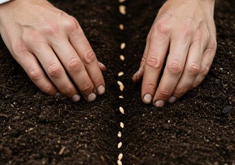 Hands planting seeds in garden soil: sustainable agriculture and growth