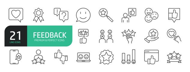 Set Of Feedback Line Icons. Set contains such icons as Feedback, Rating, Like, Dislike, Comment.