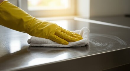 Hand with yellow glove cleaning kitchen counter with white cloth in sunlit room