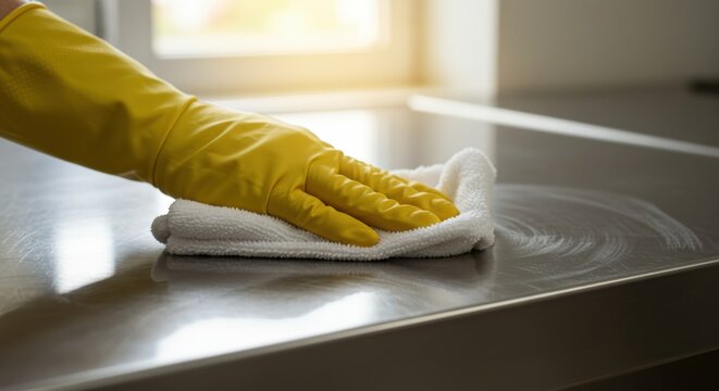 Hand with yellow glove cleaning kitchen counter with white cloth in sunlit room