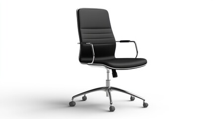 Modern black office chair on wheels, white background, workspace setup