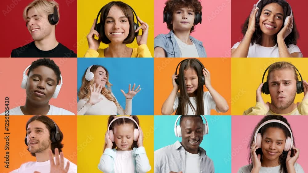 Poster a vibrant collage showcases a diverse group of individuals listening to music with headphones. each 