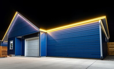 Modern garage with led trim: a contemporary garage with sleek blue siding and white overhead door illuminated by a striking yellow led strip along the roofline architecture photographyarchitecture cit