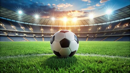 Obraz premium A soccer ball is placed on a lush green grass field with a blurred stadium in the background, conveying a sense of isolation and focus on the game , grassy, serene