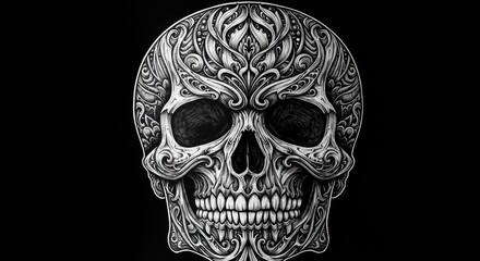 Fototapeta premium Ornate black and white skull with intricate floral design on black background