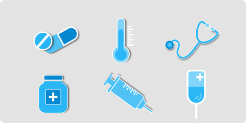 Vector icons of medical equipment such as pills, medicine bottles, syringes, stethoscopes, infusion boxes