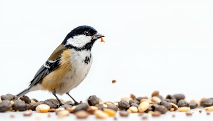 Obraz premium A bird with a pastel-like color scheme is standing next to a scatter of nuts and seeds on a white background