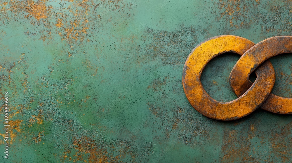 Poster rusty chain links on green metal: two interconnected rusty chain links rest on a textured green meta