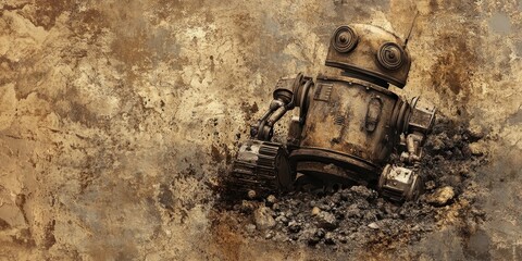A rusty robot is half buried in the dirt
