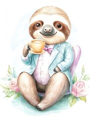 Obraz premium Sloth in Suit Drinking Tea Watercolor - Cute Animals