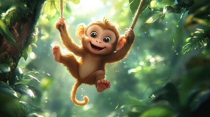 Playful monkey swinging joyfully on a vine in a lush, vibrant jungle filled with greenery