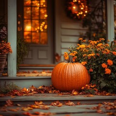 Autumn porch, pumpkin, flowers, warm lights, fall decor, home
