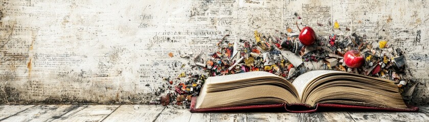 Open book, colorful papers, apples, wooden table, textured wall, knowledge concept