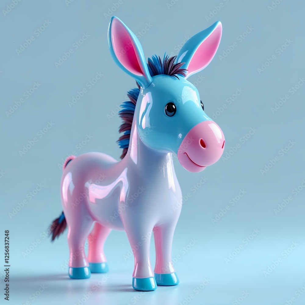 Poster a donkey in a shiny plastic style with a pastel color palette on a blue background. shiny donkey sho
