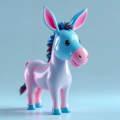 A donkey in a shiny plastic style with a pastel color palette on a blue background. Shiny donkey shows of a cute donkey with a smiling face and a light blue background using a plastic shiny style