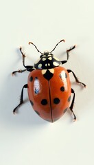 Fototapeta premium A ladybug insect with a vibrant orange body is photographed against a white background showcasing a plastic appearance in a studio light shot with plastic style of a plastic and shiny appearance, a