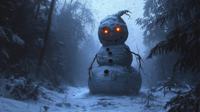 Evil snowman standing on path in snowy forest at night