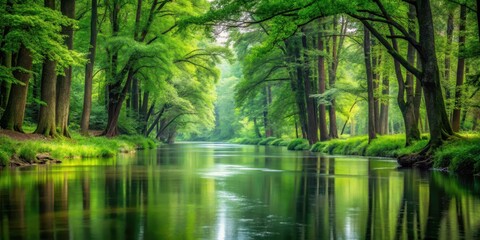 Gentle water flow amidst lush green forest with tall trees surrounding the riverbank, creating a serene atmosphere, lush forest, forest surroundings