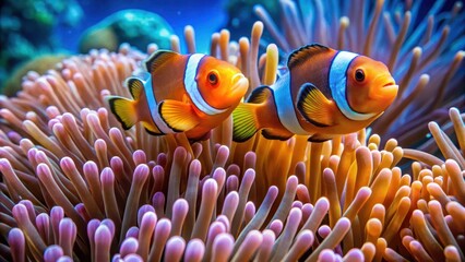 Two clown fish swim together inside a colorful anemone in the coral reef, ocean environment